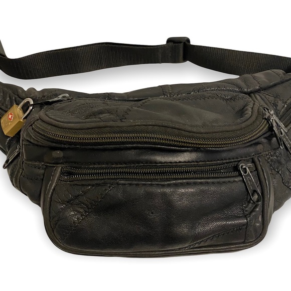 Black Vintage Patchwork Stitch Leather Fanny Pack / Bum Bag - Picture 4 of 8